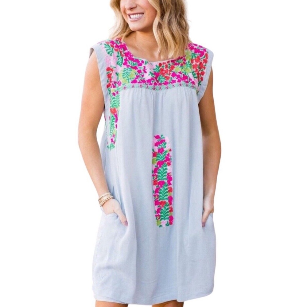 J. Marie Marie Dress‎ Embroidered Gauzy Mexican Style Colorful Blue Shift Small